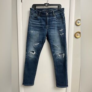 American Eagle Outfitters Blue Skinny Jeans with Distressed Details 33/30 unisex